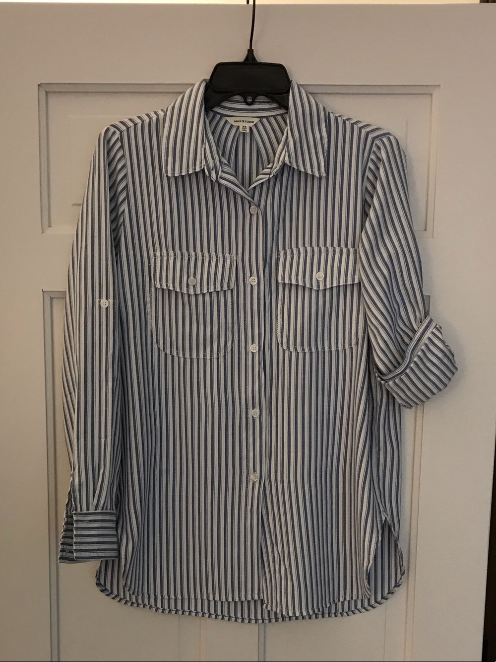 Max Studio Blue & White Vertical Stripe Button-Down Shirt